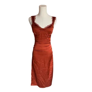 ASTR the Label - Alva Ruched Lace Trim Midi Slip Dress Rust Satin Sz XS thumbnail 3