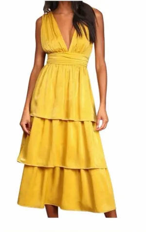 Lulu's Mustard Yellow Tiered V‑Neck Midi Dress thumbnail 1