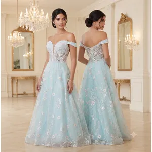 Morrell Maxie Size 4 Aqua White Floral Lace Off‎ Shoulder Formal Gown thumbnail 2