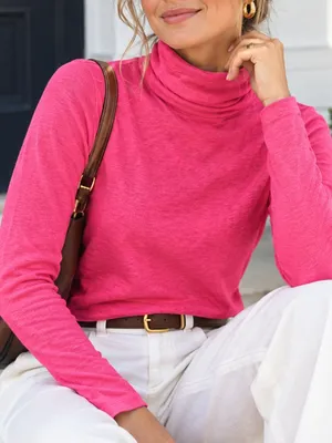 J.Crew Women's Bright Pink Fuchsia Tissue Turtleneck Cotton Long Sleeve Preppy thumbnail 1