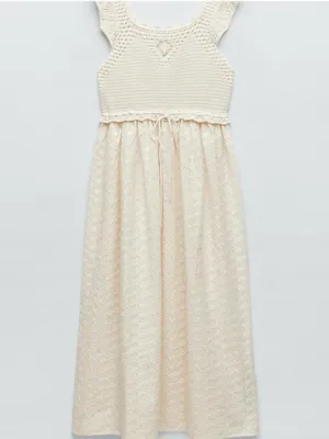 Zara Crochet Eyelet Midi Dress Cream XS Beachy Boho Cottagecore Vacay Hippie thumbnail 3