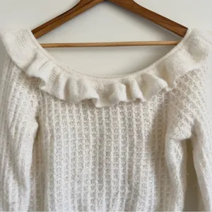 Anthropologie Ivory White Ruffled Boat Neck Soft Wool Knit Sweater Size Medium thumbnail 5