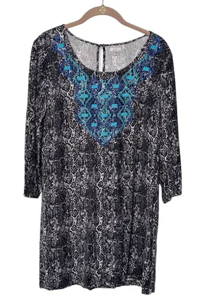 Ecote Anthropologie Snakeskin Print Embroidered Detail Shift Dress Sz L thumbnail 1