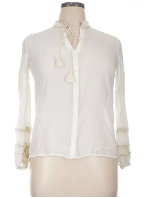 Jade by Johnny Was XL White Boho Lace Tassel Tie Neck Button Front Blouse thumbnail 1