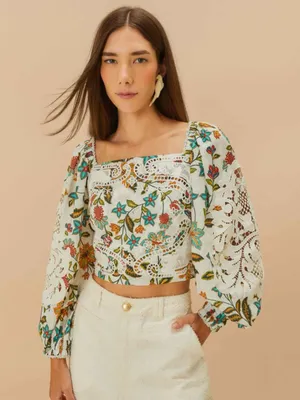 Nwt $198 Farm Rio Off-White Lace Botanicals Blouse Xl thumbnail 5