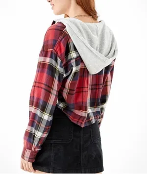 American Eagle Cozy Cabin Cropped Hoodie Flannel •XS thumbnail 2