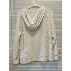 BKE Hooded Sweater Womens Small Cream Waffle Knit V-Neck Exposed Seam Hood thumbnail 5