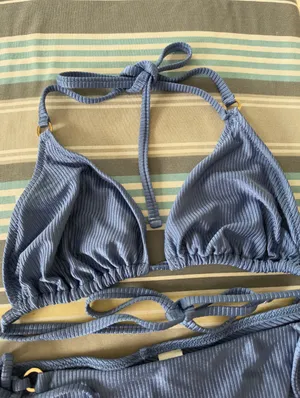 Aerie Blue Ribbed String Bikini Set XL thumbnail 2