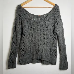 Free People Women’s Chunky Open Cable Knit Mohair Wool Blend Sweater Gray Sz M thumbnail 2