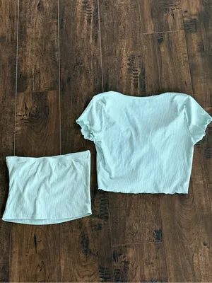 Light Aqua Ribbed Short Sleeve Cardigan and Tube Top Set thumbnail 2