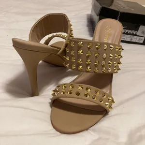 Taupe and gold studded sandals with heel thumbnail 4