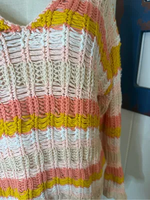 Hem & Thread Open-Knit V-Neck Stripe Sweater in Pink, Yellow, Cream SZ S thumbnail 3