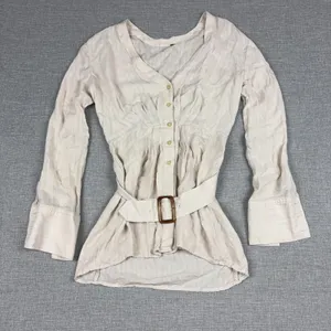 Free People Tunic Blouse Womens M White V-Neck Long Sleeve Belted Herringbone thumbnail 1