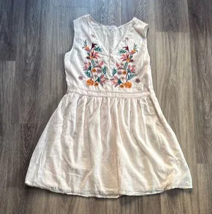 Anthropologie X Laila Cream V-Neck Sleeveless A-Line Sundress embroidered floral thumbnail 1