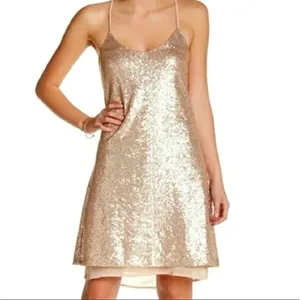 NWT Free Press Gold Sequin Criss Cross Back Mini Cocktail Dress Size M thumbnail 1