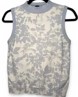 ANN TAYLOR M Knit Sleeveless Mock Neck Top Tank Shirt Floral Baby Blue loft thumbnail 1
