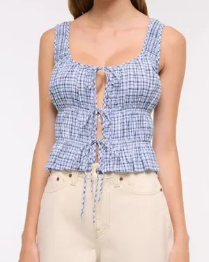 Abercrombie & Fitch Linen Blend Ruffle Cropped Ruched Tie Front Tank Top Medium thumbnail 1