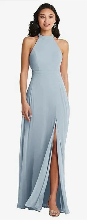 Dessy Stand Collar Halter Maxi Dress Crisscross Open Back Mist Size 2 Bridesmaid thumbnail 1