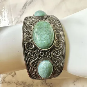 Faux turquoise silver engraved clamper bracelet Blue thumbnail 1