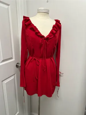 Red Ruffled V-Neck Long-Sleeve Mini Dress thumbnail 4