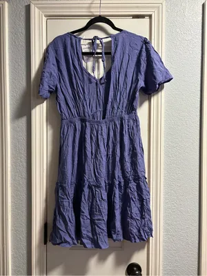 Lascana Tiered Mini Dress Women 6 Blue V-Neck Open Tie Back Short Sleeve NEW thumbnail 5