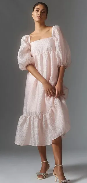 Anthropologie NWT By Textured Pink Puff-Sleeve Dress thumbnail 1