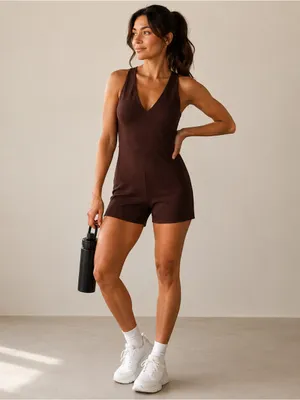 Babaton Brown Minimalist Athletic XL Romper Workout Bodysuit Aritzia Athleisure thumbnail 8