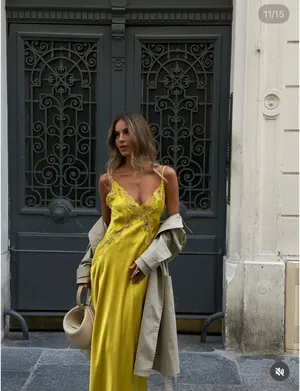 Zara Lace-Trim Slip Satin Maxi Dress in Mustard Chartreuse Yellow thumbnail 3