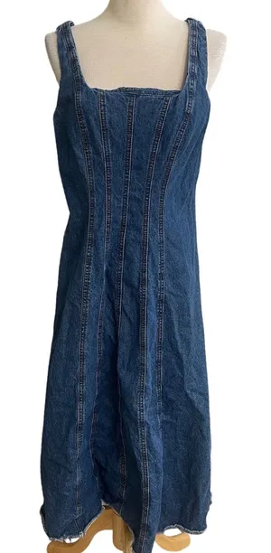Joie Denim Corset Midi Dress Blue Sleeveless Frayed Hem Size Small midi thumbnail 1