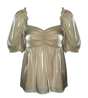 Altar'd State Babydoll Top Women Medium‎ Champagne Gold Metallic Puff Sleeve thumbnail 1