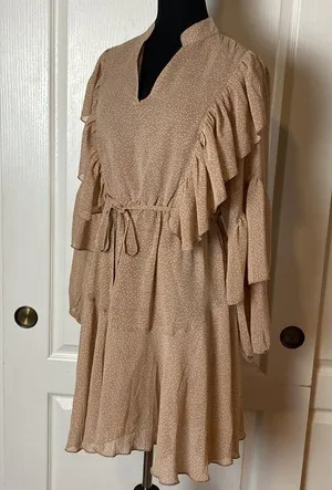 Taupe Polka Dot Ruffle Long Sleeve Dress Modest thumbnail 2