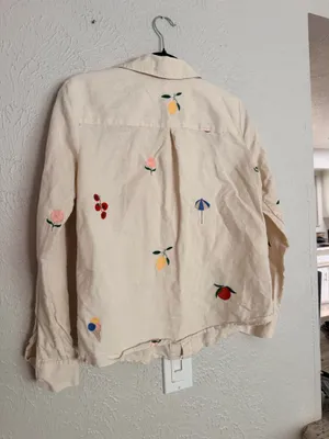Sézane x Pangea Tomboy Shirt Fruit Floral Embroidered Ecru Linen Button down thumbnail 17