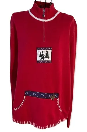 Vintage Breckenridge Grandma 1/4 Zip Turtleneck Fir Tree Sweater Red Size XL thumbnail 1