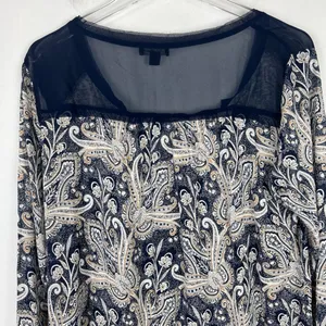 Lucky Brand Printed Woven Mix Top Button Front Navy Size Medium M EUC L1448 thumbnail 11