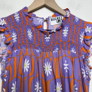 Bucket List Women Top Small‎ Purple Orange Retro Floral Smocked 70s Groovy Mod thumbnail 4