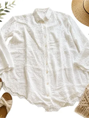 White Embroidered Cotton Gauze Lace Button Front Cottagecore Boho Blouse XL Top thumbnail 2