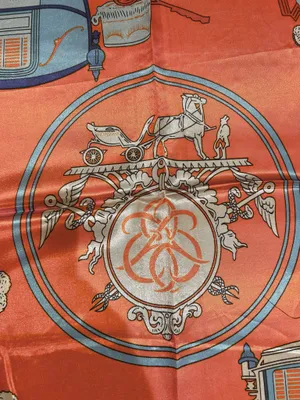 Vintage Equestrian HORSE&CARRIAGE print orange/blue oversized silky Scarf 35/35 thumbnail 7