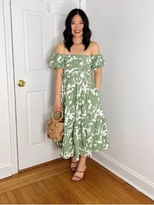 Abercrombie & Fitch Green Puff Sleeve Floral Midi Dress thumbnail 2