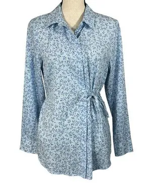 Liz Claiborne Medium Top Floral Button-Up Long Sleeves Lightweight Side Tie Blue thumbnail 1