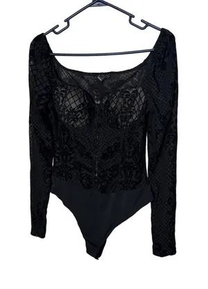 Windsor Black Flocked Velvet Mesh Corset Bodysuit Long Sleeve Square Neck Medium thumbnail 1