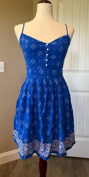 Abercrombie Fitch Blue White Geometric Print Smocked Back Sundress M‎ thumbnail 1