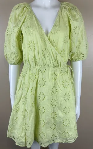 Zara Women’s XS Lime Green Eyelet Mini Wrap Dress Puff Sleeve Lined Cotton thumbnail 1