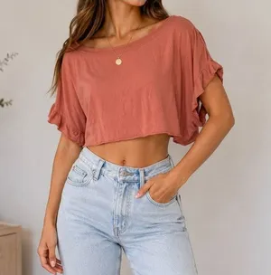 Free People We The Free Pink Cropped Flutter Sleeve Oversized Top thumbnail 1