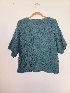 Noile Silk Exchange Blend Teal Green Floral Crochet Sweater Grannycore Cottage thumbnail 6