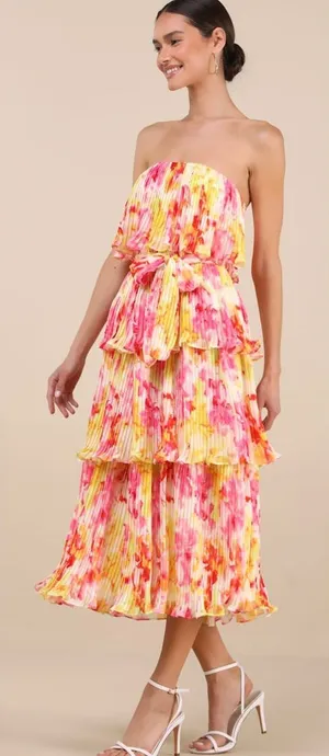 Lulus Nessa Yellow and Pink Abstract Plisse Tiered Midi Dress size XL NWT Beach thumbnail 1