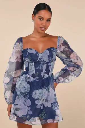 NWT Lulus | Positively Enchanting Blue Floral Organza Bustier Mini Dress, Small thumbnail 1