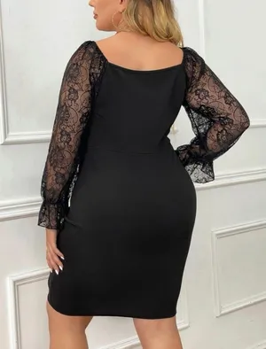Lace Sleeve Drawstring Bodycon Dress Black Size 18 plus thumbnail 2