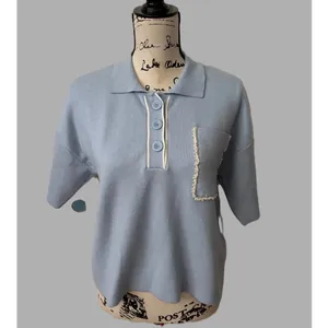 Maeve Anthropologie The Elliot Light Blue Pearl Embellished Knit Polo Top Sz SM thumbnail 3