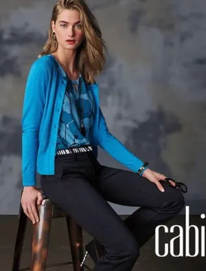 CAbi EUC #3169 Darby Cardigan Women's Vibrant Button-Up Ribbed Blue Cardigan thumbnail 1