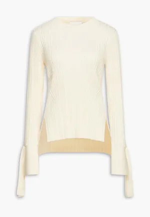 3.1 Phillip Lim Sweater Cream Ribbed Wool Blend Tie Cuff Side Slit Pullover thumbnail 1